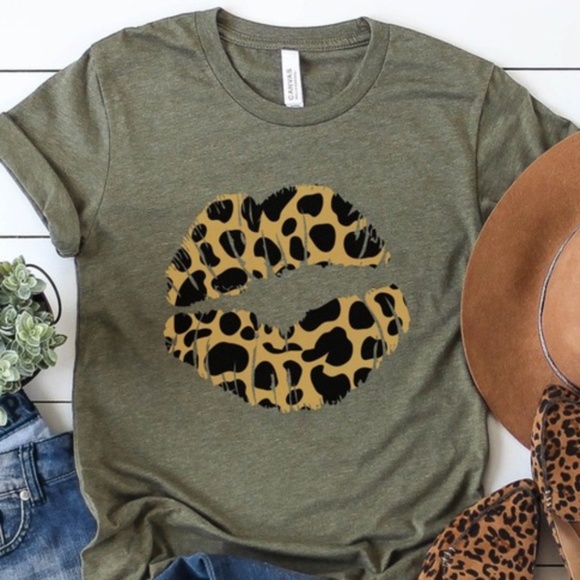 Tops - Olive Leopard Lips graphic tee